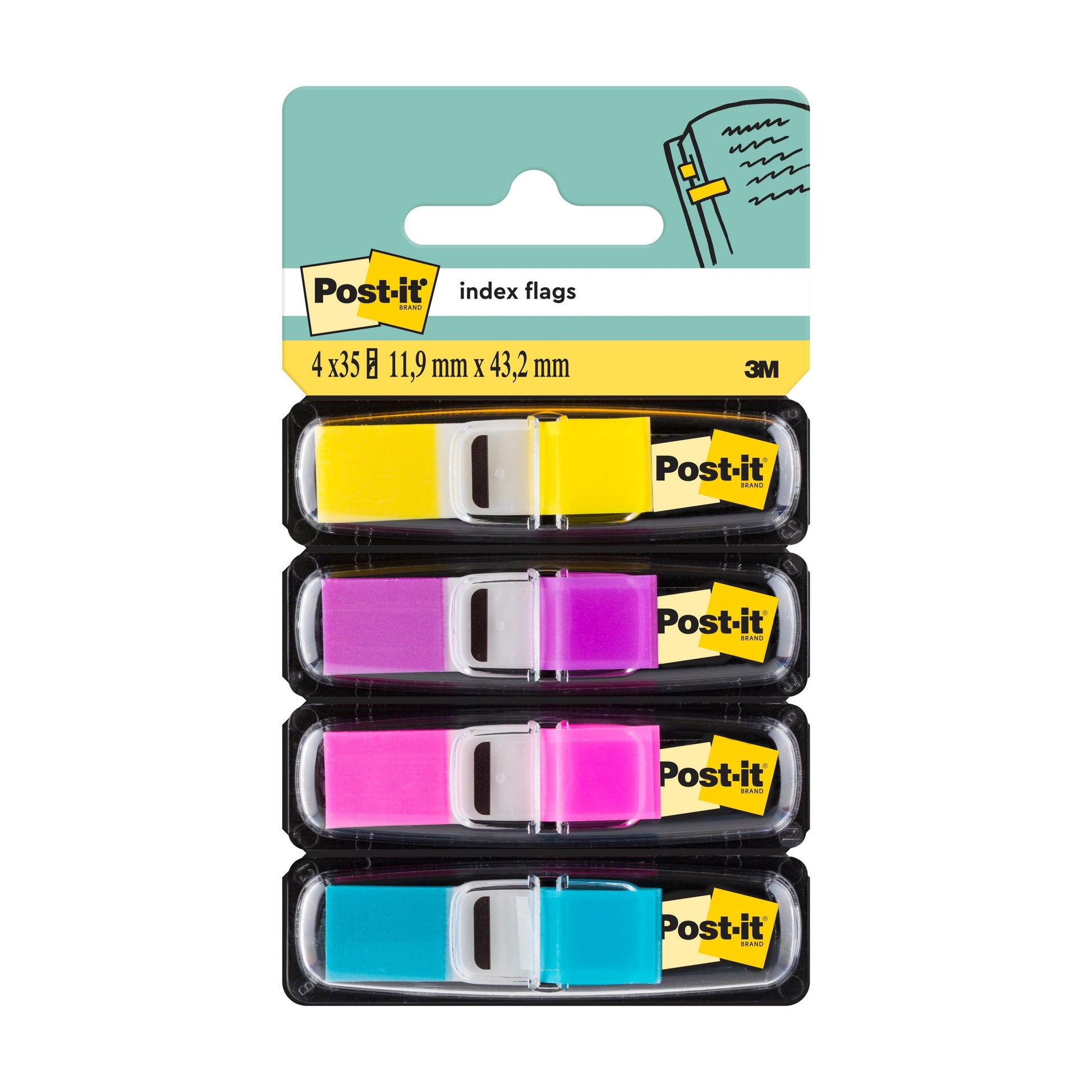 Das 3M Deutschland GmbH Post-it® Index Haftstreifen Mini Set enthält vier Spender (gelb, pink, lila, blau) mit je 35 Fähnchen im Format 11,9 mm x 43,2 mm.