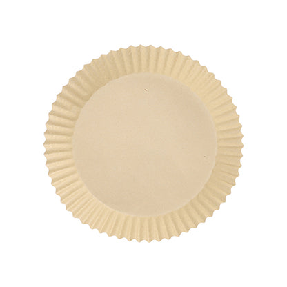 A simple, round PAPSTAR 100 baking papers for air fryers from PAPSTAR GmbH, beige with fluted edges and 4.5 cm height, made from heat-resistant paper for even browning, shown from above on a white background.