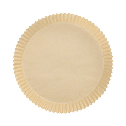 A round, beige PAPSTAR 100 baking papers for air fryers from PAPSTAR GmbH, made from heat-resistant paper with fluted edges and 4.5 cm height, viewed from above on a white background for even browning.