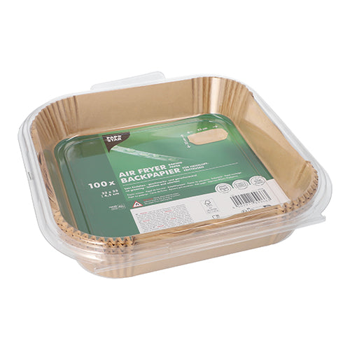 Ein durchsichtiger Kunststoffbehälter der PAPSTAR GmbH fasst 100 quadratische, antihaftbeschichtete Backpapiere für Heißluftfritteusen eckig. Das grüne Etikett bietet Produktinformationen, umweltfreundliche Symbole und Gebrauchsanweisungen.
