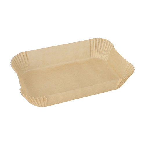 Die PAPSTAR 100 Backpapiere für Heißluftfritteusen eckig der PAPSTAR GmbH sind rechteckige, braune, plissierte Papierschalen mit hochgezogenem Rand – antihaftbeschichtet und perfekt zum Servieren von Snacks oder Backwaren in Heißluftfritteusen.