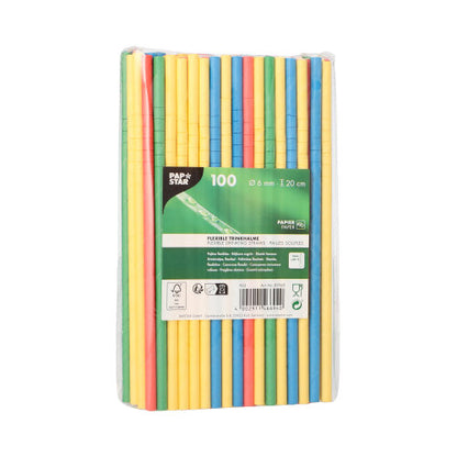 A clear packaging from PAPSTAR GmbH contains 100 flexible, color-assorted paper straws (6 mm x 20 cm). The label on the front shows product details, the PAPSTAR branding, and pictograms.