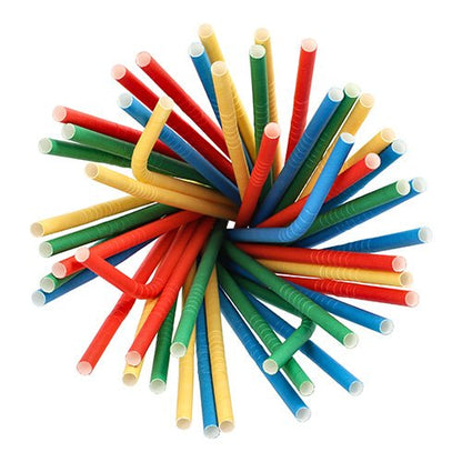 A top view of colorful PAPSTAR shake straws paper (Ø 8 mm, 25 cm, assorted colors, flexible, 100 pieces) of PAPSTAR GmbH, arranged in a circular bundle with open red, blue, green, and yellow eco-friendly straws on white.