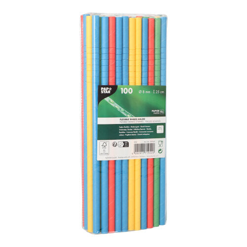 Eine Packung mit 100 flexiblen, bunten PAPSTAR-Papier-Shake-Trinkhalmen (Ø 8 mm, 25 cm) der PAPSTAR GmbH, sauber verpackt in einer Klarsichthülle mit grünem Etikett – verschiedene Farben inklusive.