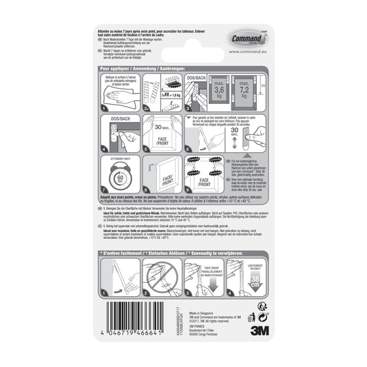 Rückseite der Große schwarze Command™ Bilder-Montage Strips 17206BLK (1 Stück) von 3M Deutschland GmbH mit mehrsprachigen Anleitungen, Anwendungs- und Ablösemustern, Gewichtsangaben und Herstellerinfos unten.