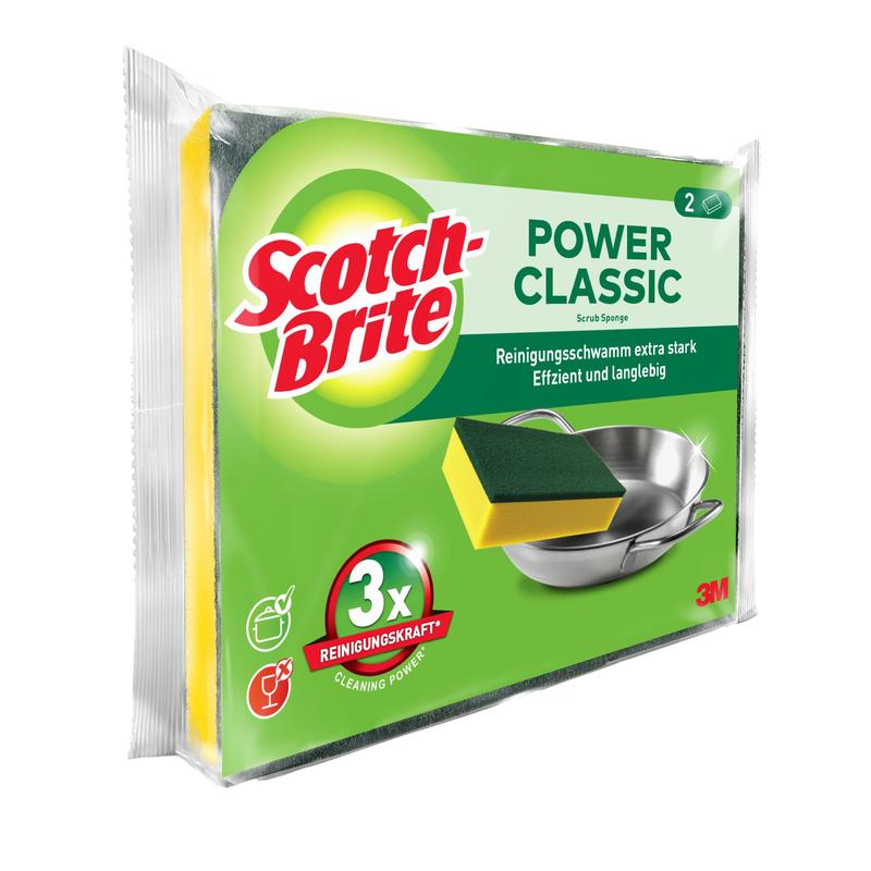 Pictured is a package of 3M Deutschland GmbH Scotch-Brite® Classic Cleaning Sponge with two sponges. On the predominantly green packaging, a sponge and a metal pot are depicted, along with English and German text.
