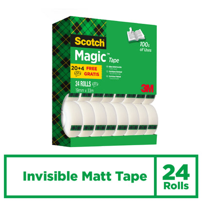 Eine grün-schwarze Vorteilspack-Schachtel von Scotch® Magic™ Unsichtbares Klebeband der 3M Deutschland GmbH, die 24 Rollen (19 mm x 33 m) enthält, mit der Aufschrift "Invisible Matt Tape". Auf der Schachtel steht "100s of Uses" und "20+4 Free Gratis", mit dem 3M Logo.
