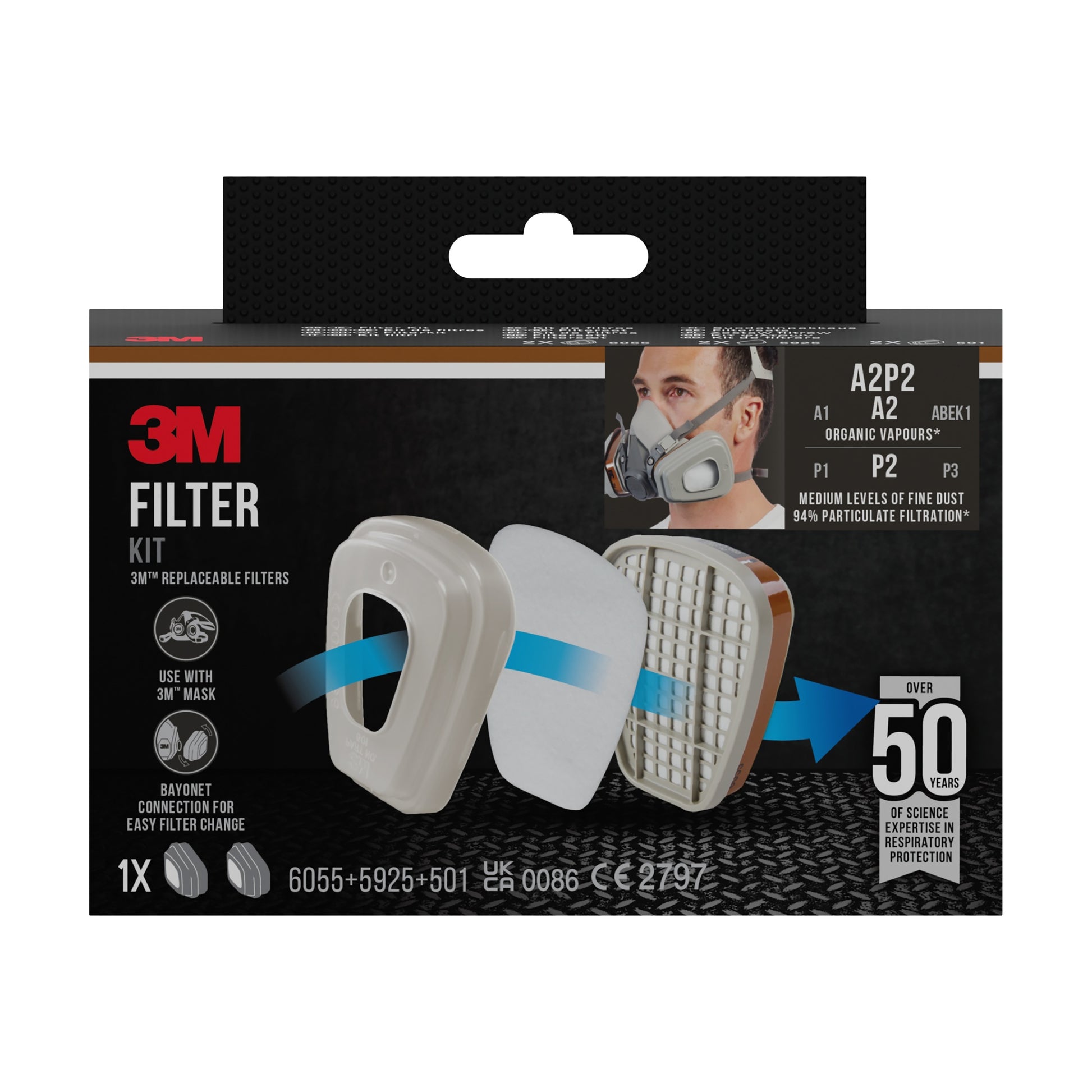 Eine Schachtel 3M™ Filtersatz 6002-1SP (A2P2, 2x6055, 2x5925, 2x501) von 3M Deutschland GmbH zeigt austauschbare Filter, eine Grafik des Filteraufbaus, einen maskierten Benutzer, Angaben zur Filtrationseffizienz und über 50 Jahre Atemschutz.