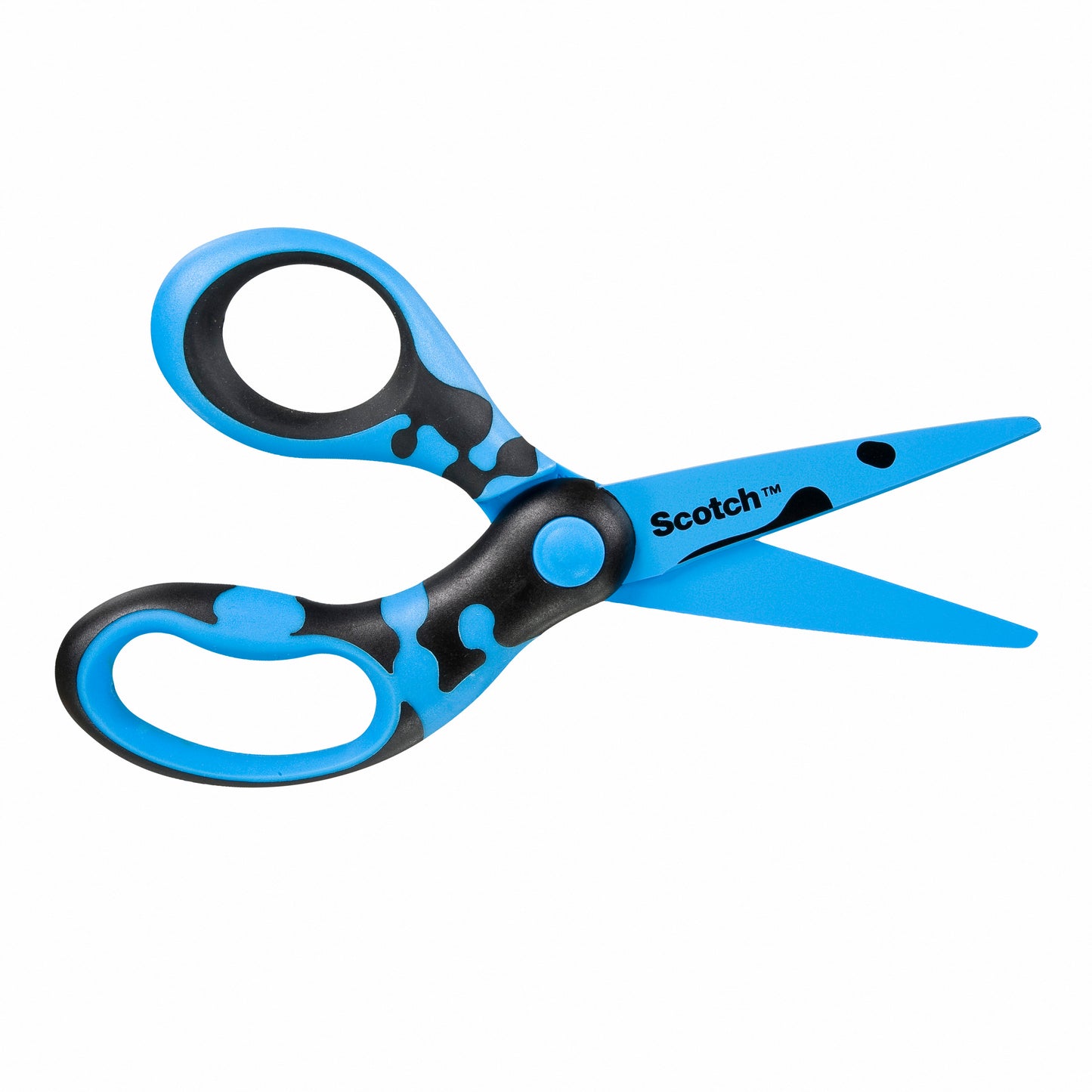 The Scotch™ DECO children's scissors (13 cm, blue), from 3M Deutschland GmbH, with rounded tips for safe cutting, lie against a white background - ideal for craft projects.