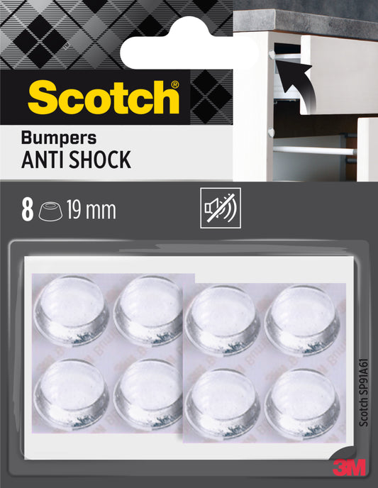 Eine Einzelhandelspackung Scotch® Stoßabsorbierende Elastikpuffer, selbsthaftend, transparent (8 klare runde Puffer, 19 mm) der 3M Deutschland GmbH, abgebildet mit Produktbranding und einem Puffer auf einer Schranktür.