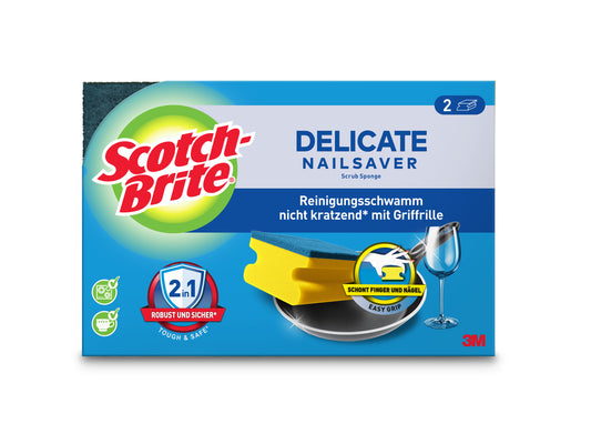 Eine Packung 3M Deutschland GmbH Scotch-Brite® Delicate nicht kratzender Griffschwamm (2 Stück), mit ergonomisch geformten, nagelschonenden Schwämmen für eine sanfte Reinigung ohne Kratzer.