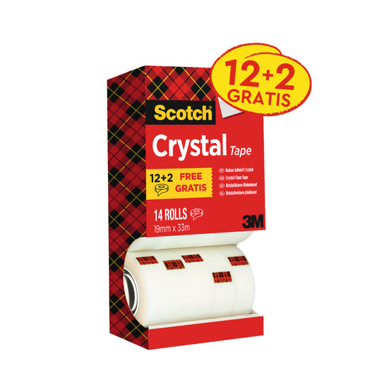 Ein 3M Deutschland GmbH Scotch® Crystal Klebeband Vorteilspack enthält 14 Rollen (19 mm x 33 m) klares Klebeband pro Packung.