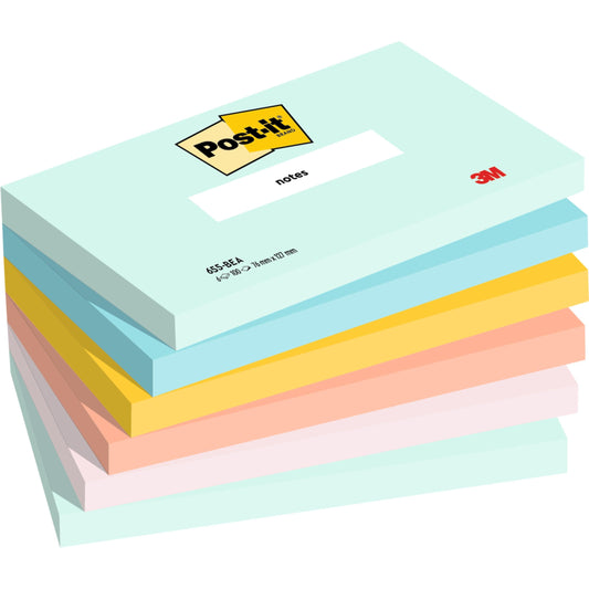 Ein Stapel von sechs 76 x 127 mm großen Post-it® Notizzetteln (je 100 Blatt) in Pastellfarben von 3M Deutschland GmbH. Jeder Block ist mit dem Post-it- und dem 3M-Logo versehen und besteht zu 100 % aus PEFC-zertifiziertem Papier.