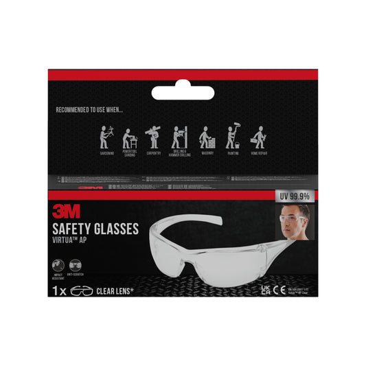 Eine Packung der 3M™ Virtua™ Schutzbrille AP mit klaren Gläsern von 3M Deutschland GmbH. Die Schachtel zeigt die Brille, ein Bild des Trägers und Symbole für die Verwendung in den Bereichen Gartenarbeit, Schreinerei, Materialtransport, Maurerarbeiten und mehr.