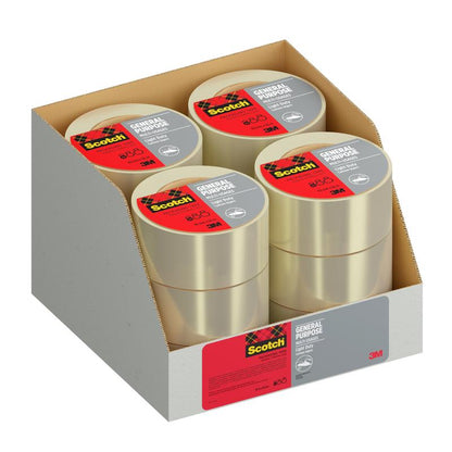 A display box from 3M Deutschland GmbH contains six rolls of Scotch® all-purpose tape (48 mm x 66 m) with red and gray labels, arranged in two rows of three. The packaging features the 3M logo.