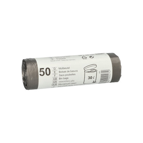 Eine Rolle mit 50 grauen Starpak-HDPE-Müllbeuteln (30 l, 60 x 50 cm) wird mit einer weißen Banderole mit Produktinformationen und einer Abbildung eines geöffneten Müllsacks geliefert.