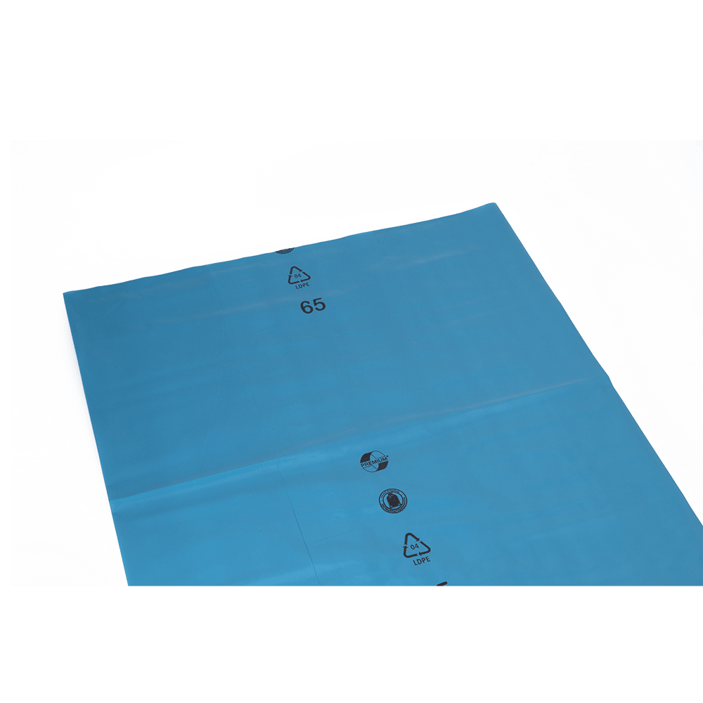 A flat blue plastic film (DEISS 90039, 800x1200x0.1 mm, pack of 1 piece) from EMIL DEISS KG (GmbH + Co.) with recycling symbols and the black number 65, designed for long-term storage. Depicted on a solid white background.