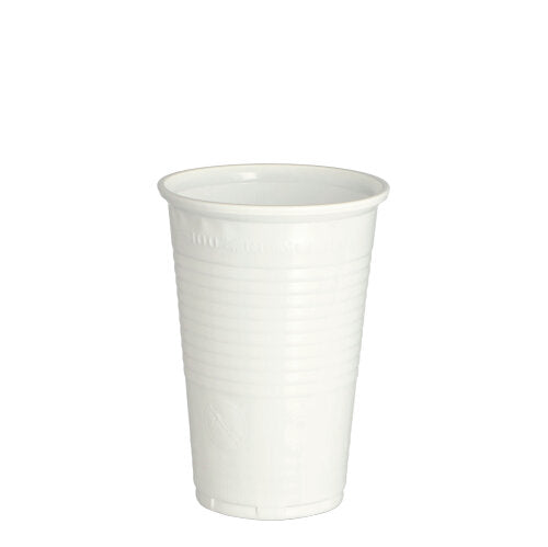 Ein weißer Starpak 100 Trinkbecher (PP, 0,2 l, Ø 7,03 cm, 9,9 cm) steht aufrecht vor weißem Hintergrund – praktisch für den täglichen Gebrauch. Verpackung: Folie mit 100 Stück.