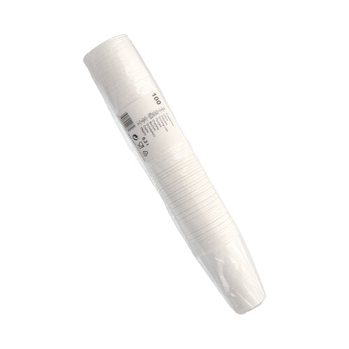 Eine Packung mit 100 Starpak Trinkbechern (0,2 l, Ø 7,03 cm, 9,9 cm, weiß) aus leichtem PP, verpackt in transparenter Folie mit Barcode und Etikett – perfekt für den täglichen Gebrauch.