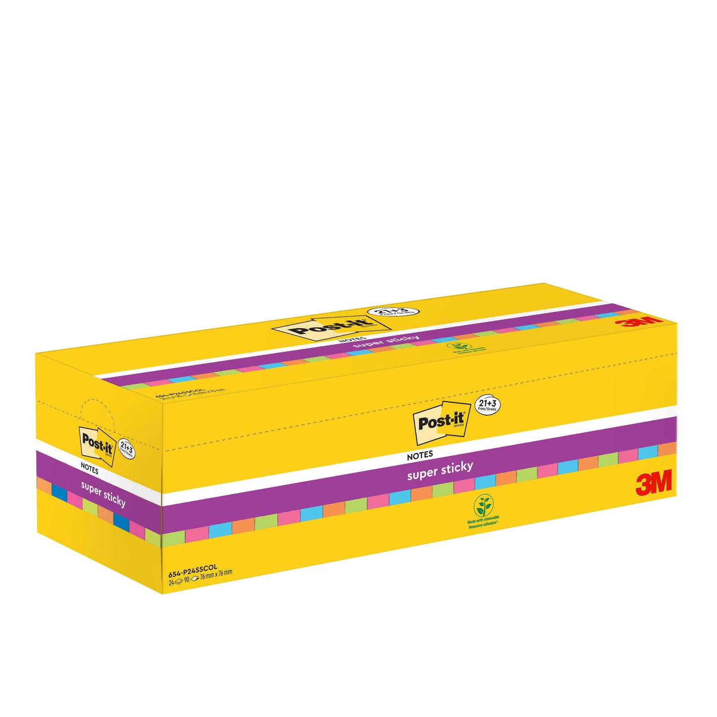 A rectangular yellow box with Post-it® Super Sticky Notes from 3M Deutschland GmbH with colorful stripes and quantity details (76 mm x 76 mm, Promotion, 90 sheets/block, 100% PEFC) on the packaging.
