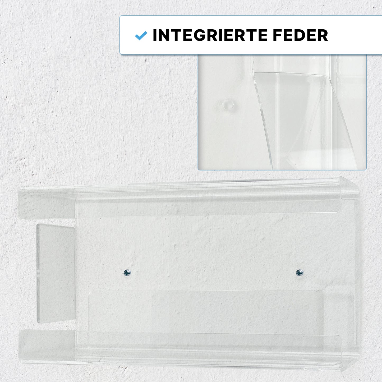 Der ARNOMED Handschuhspender zur 3-fach Befüllung von ARNOWA GmbH aus transparentem Acryl ist mit zwei Schrauben an einer weißen Wand montiert. Ein Detailbild zeigt die integrierte Feder. Text: "Integrierte Feder".
