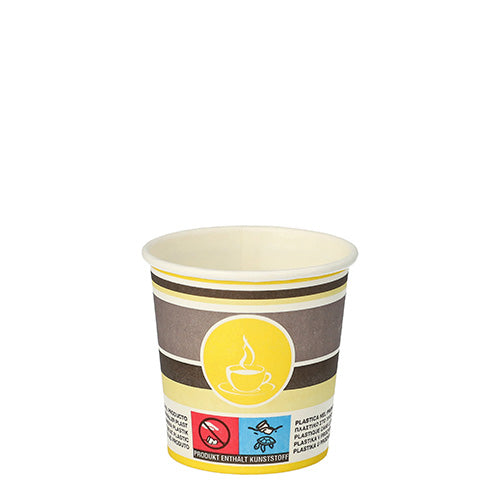 Der Starpak Trinkbecher „To Go“ aus Pappe, 0,1 l (Ø 6 cm), zeigt ein braun-gelbes Design mit Kaffeetassen-Symbol, Warnhinweisen am unteren Rand und schlichtem weißen Hintergrund. Packung mit 80 Stück.
