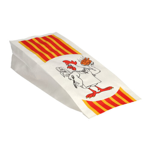 Der Starpak 100 Hähnchenbeutel aus Papier mit HDPE-Einlage „Grillhähnchen“ zeigt ein Cartoon-Huhn, das ein gegrilltes Hähnchen serviert, und besticht durch sein weißes Design mit rot-gelben Streifen.