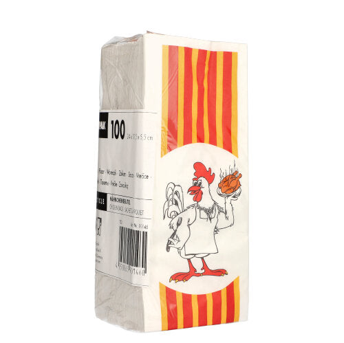 Die Starpak 100 Hähnchenbeutel bestehen aus rechteckigen weißen Papiertüten mit HDPE-Innenfutter, sind mit rot-gelben Streifen verziert und zeigen ein Hähnchen mit einer Grillhähnchenplatte. Diese umweltfreundliche Packung enthält 100 Grillhähnchenbeutel.