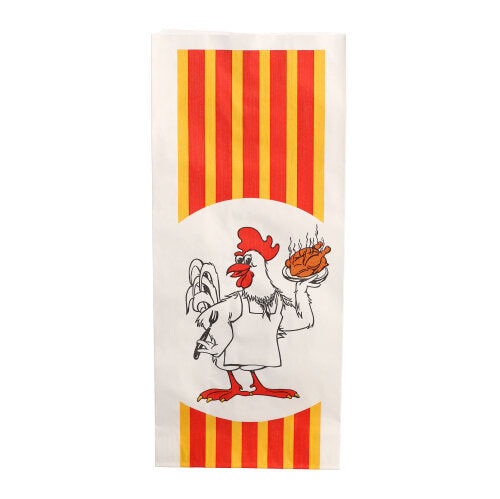 Der Starpak 100 Hähnchenbeutel aus Papier mit HDPE-Einlage „Grillhähnchen“ zeigt ein Motiv mit roten und gelben Streifen sowie einem Huhn in Schürze, das ein dampfendes Grillhähnchen auf einem Teller hält.