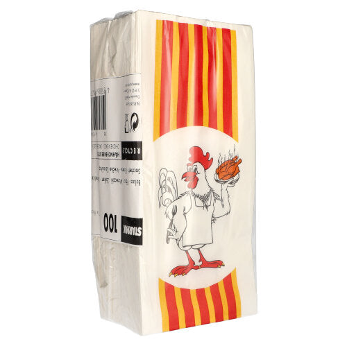 The Starpak 100 chicken bag features red and yellow longitudinal stripes, a chicken with a "Grill Chicken" sign illustration, barcode, and text on its eco-friendly paper packaging with HDPE inner lining.
