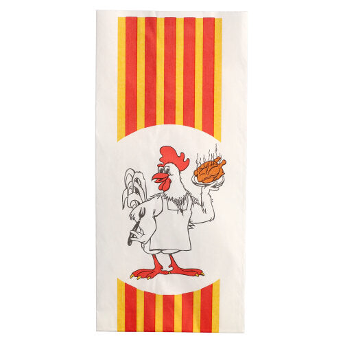 Der Starpak 100 Hähnchenbeutel, Papier mit HDPE-Einlage „Grillhähnchen“, ist weiß mit roten und gelben Streifen und zeigt einen Cartoon-Huhn in Schürze, das ein dampfendes Grillhähnchen serviert.
