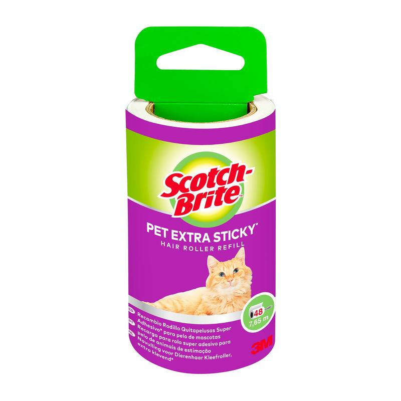 The Scotch-Brite™ Pet Extra Sticky* Replacement Roll for Pet Hair, 48 sheets (1 pack) from 3M Deutschland GmbH removes pet hair from clothing and furniture. With an orange cat on purple and green packaging.