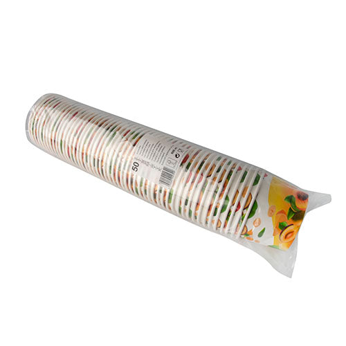 Die Starpak 50 Eisbecher, Pappe rund sind Einweg-Pappbecher in versiegelter Verpackung, jeweils mit buntem Fruchtdesign – ideal als Einweg-Eisbecher. Marke: Starpak.