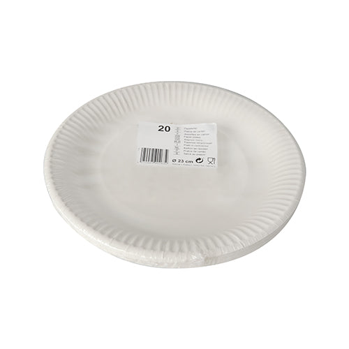 Starpak 20 Teller, Pappe rund Ø 23 cm weiß: 20 weiße Pappteller mit Rillenrand, in Schrumpffolie verpackt und mit Barcode-Etikett. Ideal für Partys und bequemes Servieren.