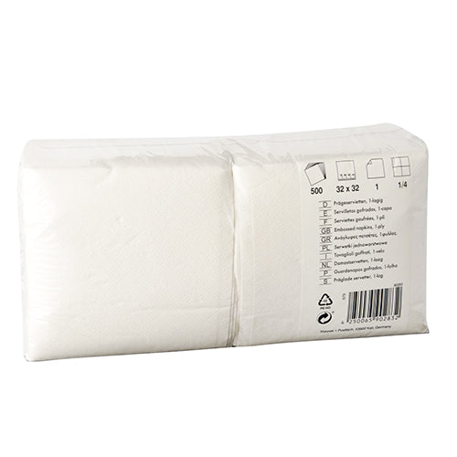 A sealed package of 500 Starpak napkins, 1-ply, 1/4-fold, 32 x 32 cm, white (foil), with product details such as quantity (500 pieces), size, and material printed on the side.