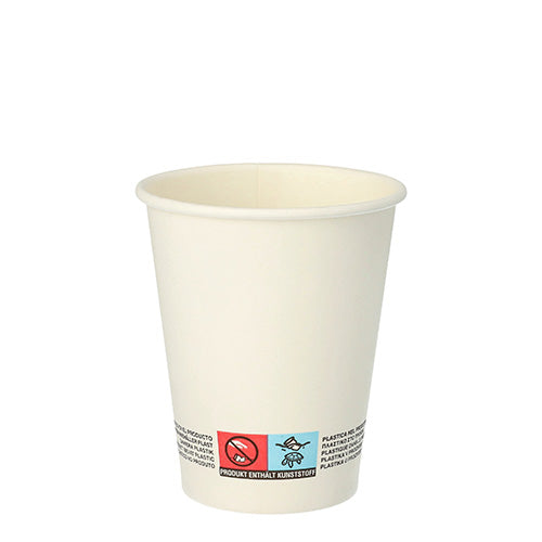 Der Starpak 20 Trinkbecher „To Go“ aus recycelbarer Pappe (0,2 l, Ø 8-9,1 cm) zeigt Warnhinweise und Symbole nahe dem Boden und wird vor weißem Hintergrund präsentiert.