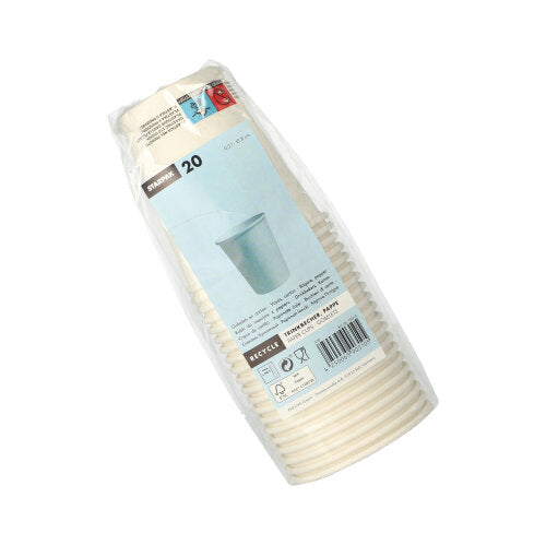 Ein in Plastik verpackter Stapel von zwanzig Starpak 20 Trinkbechern „To Go“ (0,2 l, Pappe, Ø 8–9,1 cm), mit einem blauen Etikett, das ein Becherbild, Produktinformationen und Recyclingsymbole für wiederverwertbare und umweltfreundliche Materialien zeigt.