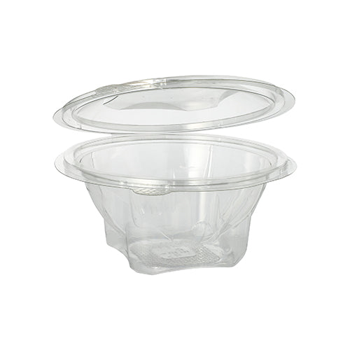 Eine Starpak 50 Feinkost- und Salatschale mit Klappdeckel, R-PET glasklar rund, ist offen und leer vor weißem Hintergrund abgebildet.