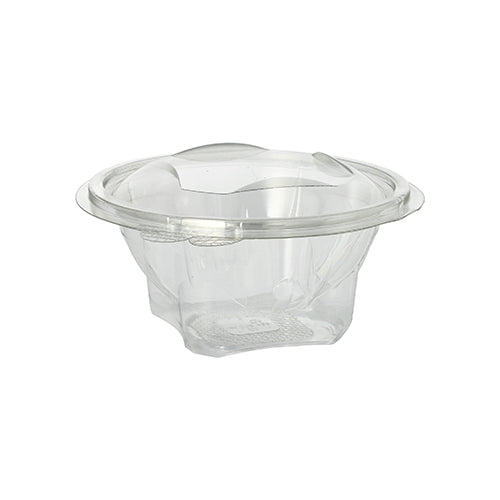 Die Starpak 50 Feinkost- und Salatschalen mit Klappdeckel sind transparente, runde R-PET-Lebensmittelbehälter von Starpak, ideal für Salate oder Desserts. Die leere, transparente Schale erscheint vor einem schlichten weißen Hintergrund.
