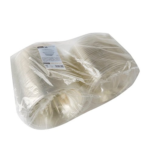 A clear R-PET bag holds a stack of Starpak 50 delicatessen and salad bowls with hinged lid, crystal clear and round. The rectangular product label is attached to the packaging. Brand: Starpak.