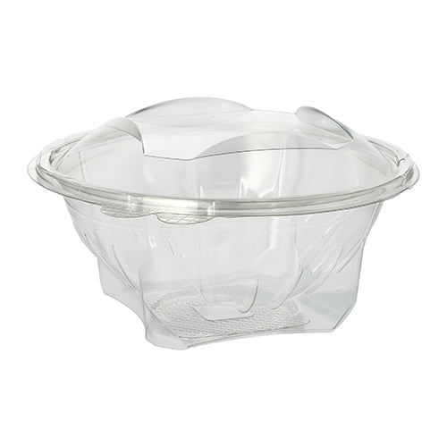 Die Starpak 50 Feinkost- und Salatschalen mit Klappdeckel sind durchsichtige, runde R-PET-Behälter, ideal für Salate oder zum Mitnehmen. Sie sind leer auf einem schlichten weißen Hintergrund abgebildet. Marke: Starpak.