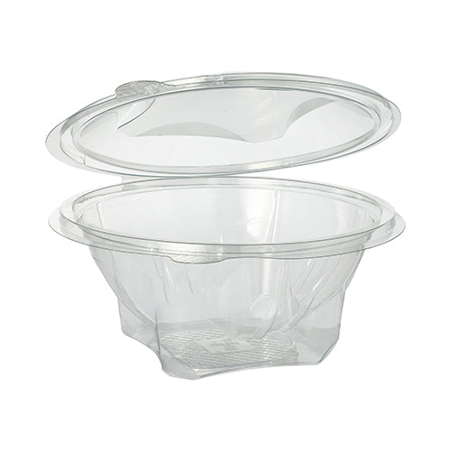 Die Starpak 50 Feinkost- und Salatschalen mit Klappdeckel sind runde, transparente R-PET-Behälter, die offen und leer abgebildet sind und sich ideal zur Aufbewahrung von Lebensmitteln oder anderen Gegenständen eignen.