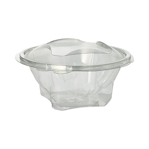 Die Starpak 50 Feinkost- und Salatschalen mit Klappdeckel sind durchsichtige, runde Schalen aus R-PET mit glatten Kanten, strukturiertem Boden und einem Deckel mit erhabenen Abschnitten zum einfachen Öffnen.