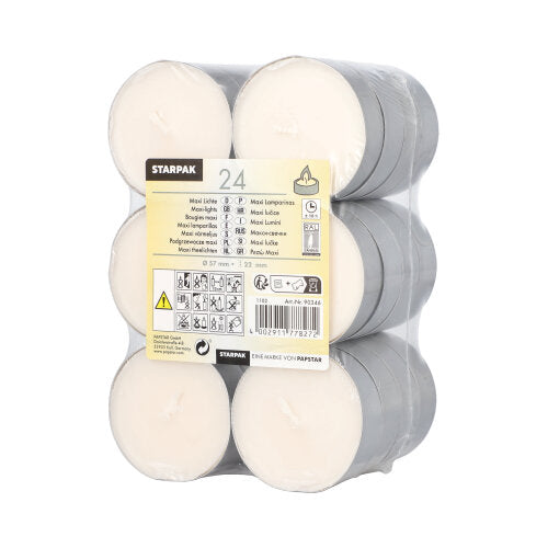 Eine Packung aus durchsichtiger Kunststoff-Schrumpffolie enthält 24 weiße Starpak Maxi Lichte-Teelichter (Ø 57 mm × 22 mm) in silbernen Bechern mit einem gelb-weißen Etikett mit Produktinformationen und Sicherheitssymbolen.