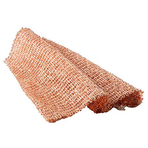 Der Starpak 10 Kupferlappen (25x25 cm, 10 Stück) aus grobem Kupfergeflecht wird als langlebiges Reinigungsmittel gefaltet im Folienbeutel vor weißem Hintergrund präsentiert.