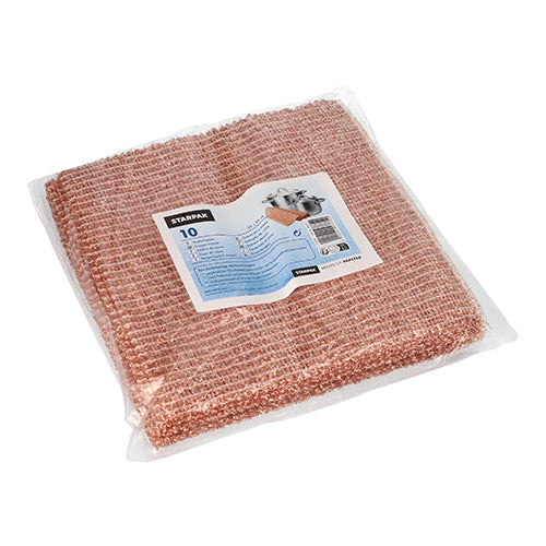 Eine Packung mit 10 Starpak Kupferlappen (25 x 25 cm) wird in einem durchsichtigen Plastikbeutel mit einem blau-weißen Etikett mit Reinigungsanweisungen und Informationen zum Reinigungsmittel geliefert. Marke: Starpak.