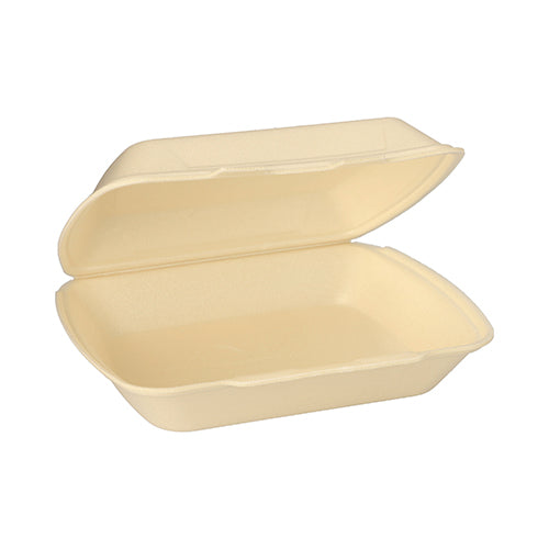 Eine Starpak Menübox XPS zum Mitnehmen (7,5 cm x 24,3 cm x 20,8 cm) aus dem Set "Starpak 100 Menüboxen mit Klappdeckel" ist geöffnet und leer auf weißem Hintergrund abgebildet und zeigt ihr beigefarbenes rechteckiges Design.