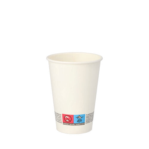 Der Starpak 80 Automatenbecher ist ein schlichter, weißer 0,18 l To Go-Becher (7 cm Ø, 9,2 cm hoch) aus Papier mit aufgedrucktem roten „No Fire“- und blauen Recycling-Symbol im Bodenbereich – ideal für Automaten oder Getränke für unterwegs. Packung mit 80 Stück.
