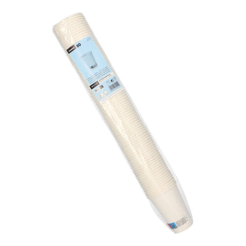Abgebildet ist eine Packung mit 80 weißen Starpak Einweg-Pappbechern „To Go“ (0,18 l, Ø 7 cm, 9,2 cm) in Plastikfolie verpackt mit blau-weißem Etikett auf weißem Grund.