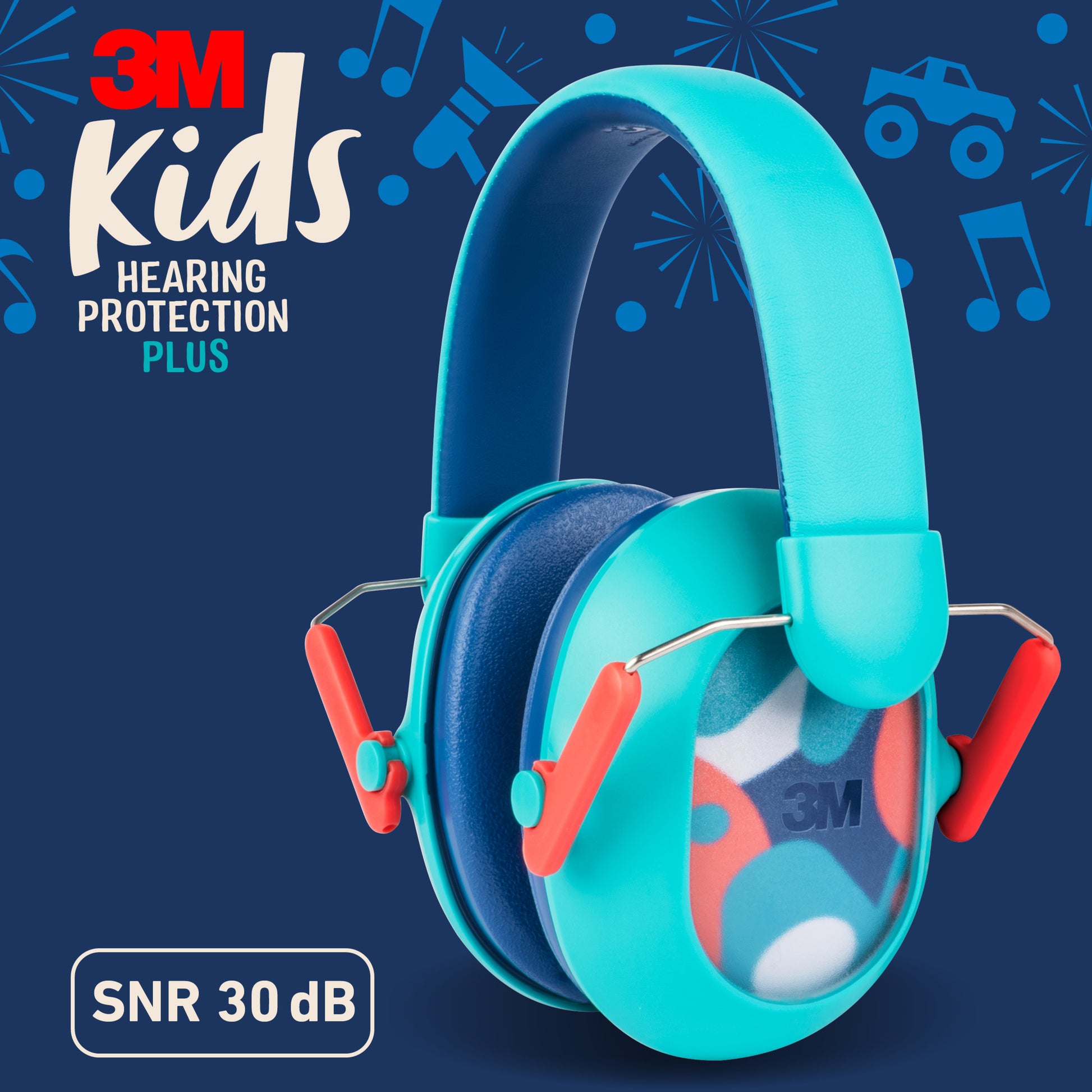 Abgebildet ist ein Paar 3M™ Kinder Gehörschutz PKIDSP-TEAL-E in türkis (87-98 dB) von 3M Deutschland GmbH mit roten Akzenten auf blauem Hintergrund. Der Text lautet "3M Kinder Gehörschutz Plus" und "SNR 30 dB".